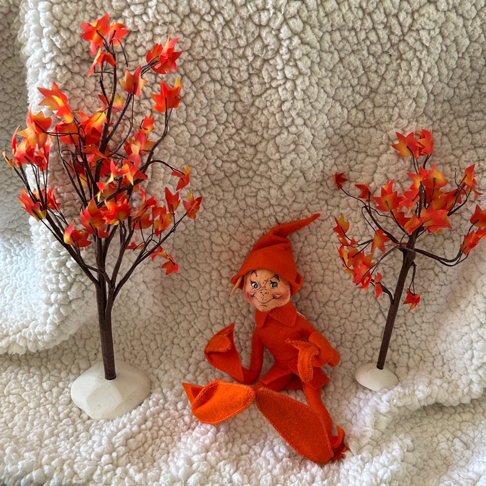 Annalee Orange Elf with Dept 56 Fall Leaf Trees